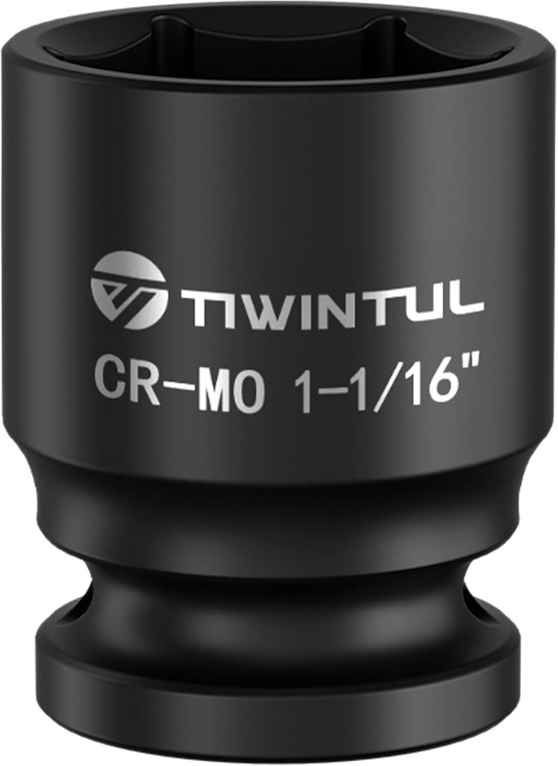 TIWINTUL 1-1/16" Impact Socket 1/2 Inch Drive, Heat-Treated Chromium-Molybdenum Steel Impact Socket, 6 Point Design, ANSI Standards, SAE, Axle Nut Socket for Automotive Truck and Machinery Maintenance - Image 1